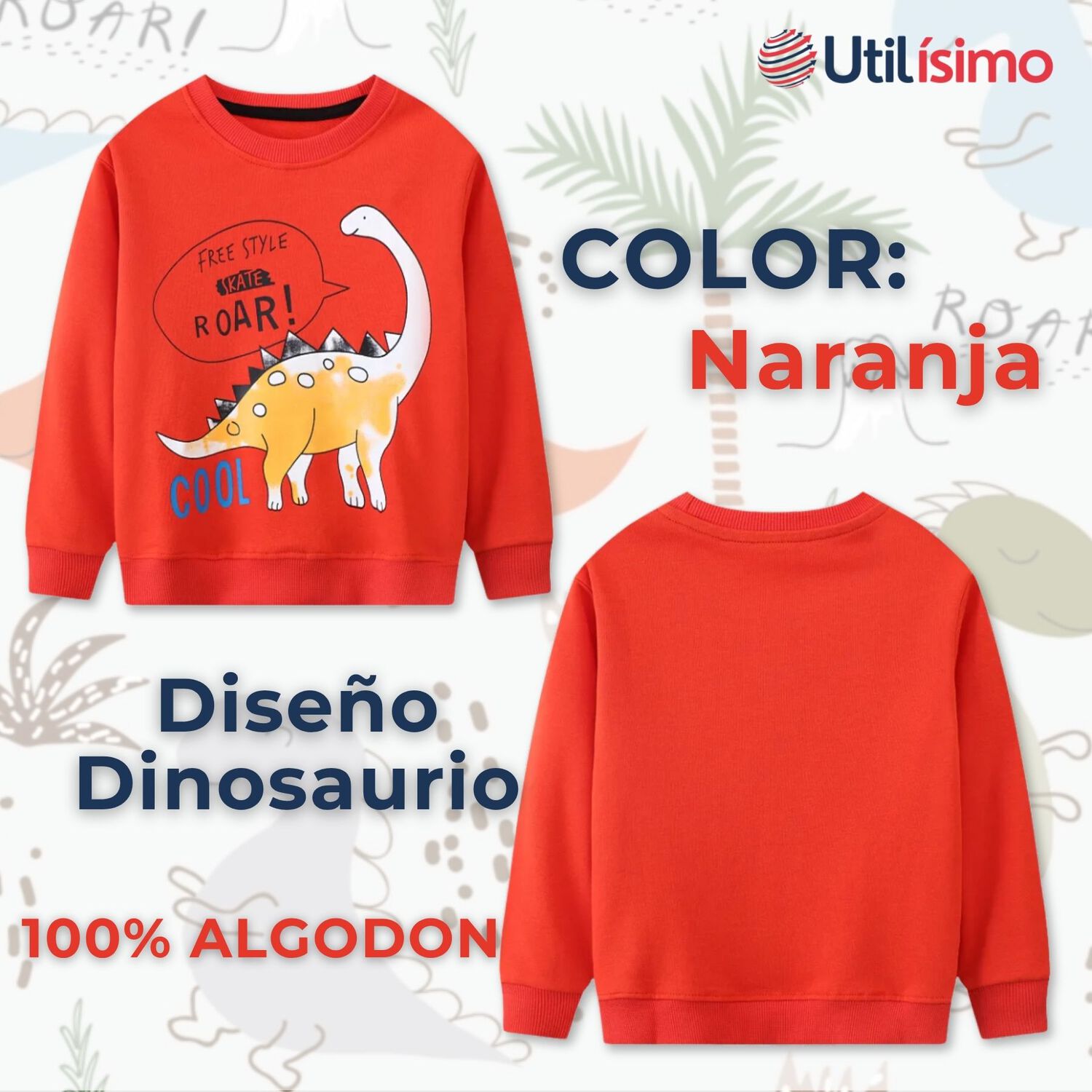 Poler&oacute;n Ni&ntilde;o Manga Larga 100% Algod&oacute;n Naranja Dinosaurios image number 1.0