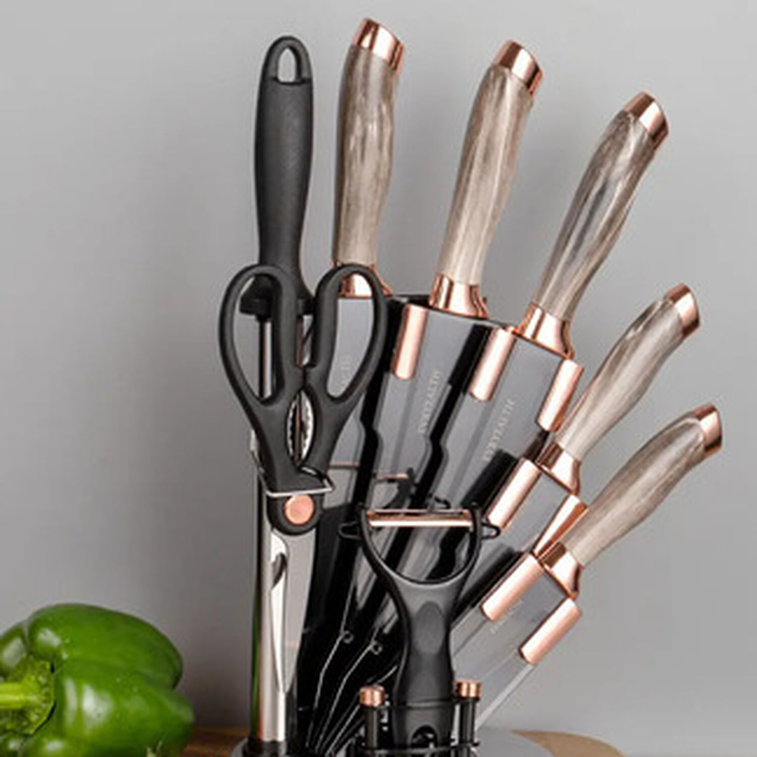 Set Cuchillos De Cocina 9 Piezas Con Base Giratoria Marmoleado Taupe Dorado image number 2.0