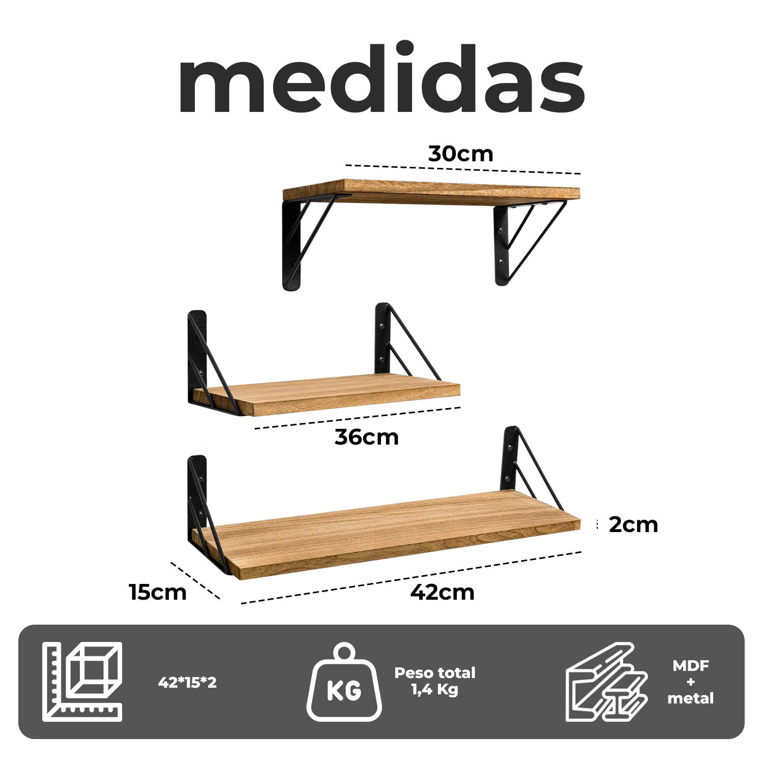 Set De 3 Repisas Flotantes De Madera Y Metal Decoraci&oacute;n Y Organizaci&oacute;n Moderna image number 3.0