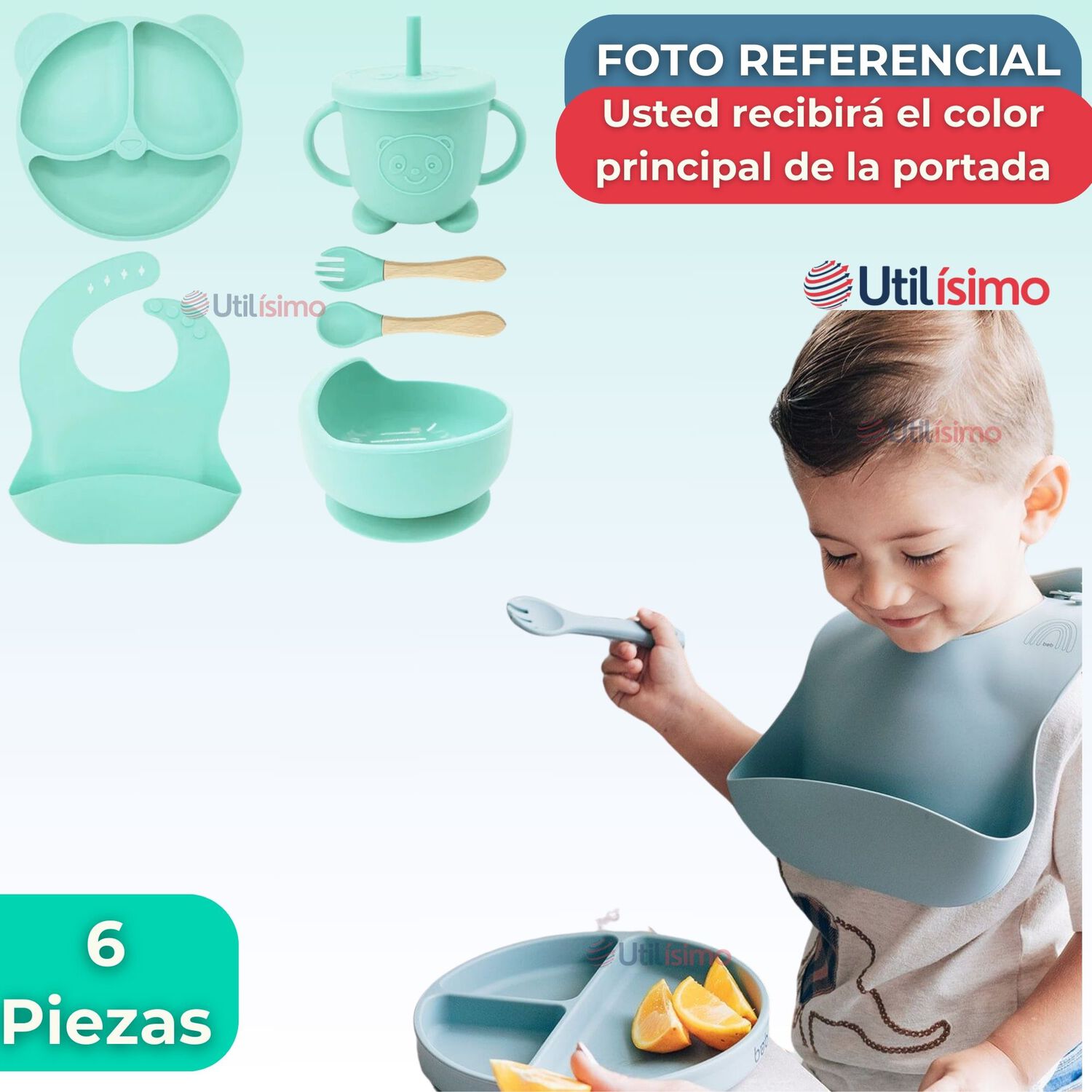 Set De Alimentaci&oacute;n Beb&eacute; Silicona De Oso 6 Piezas Libre Bpa Color Turquesa image number 5.0