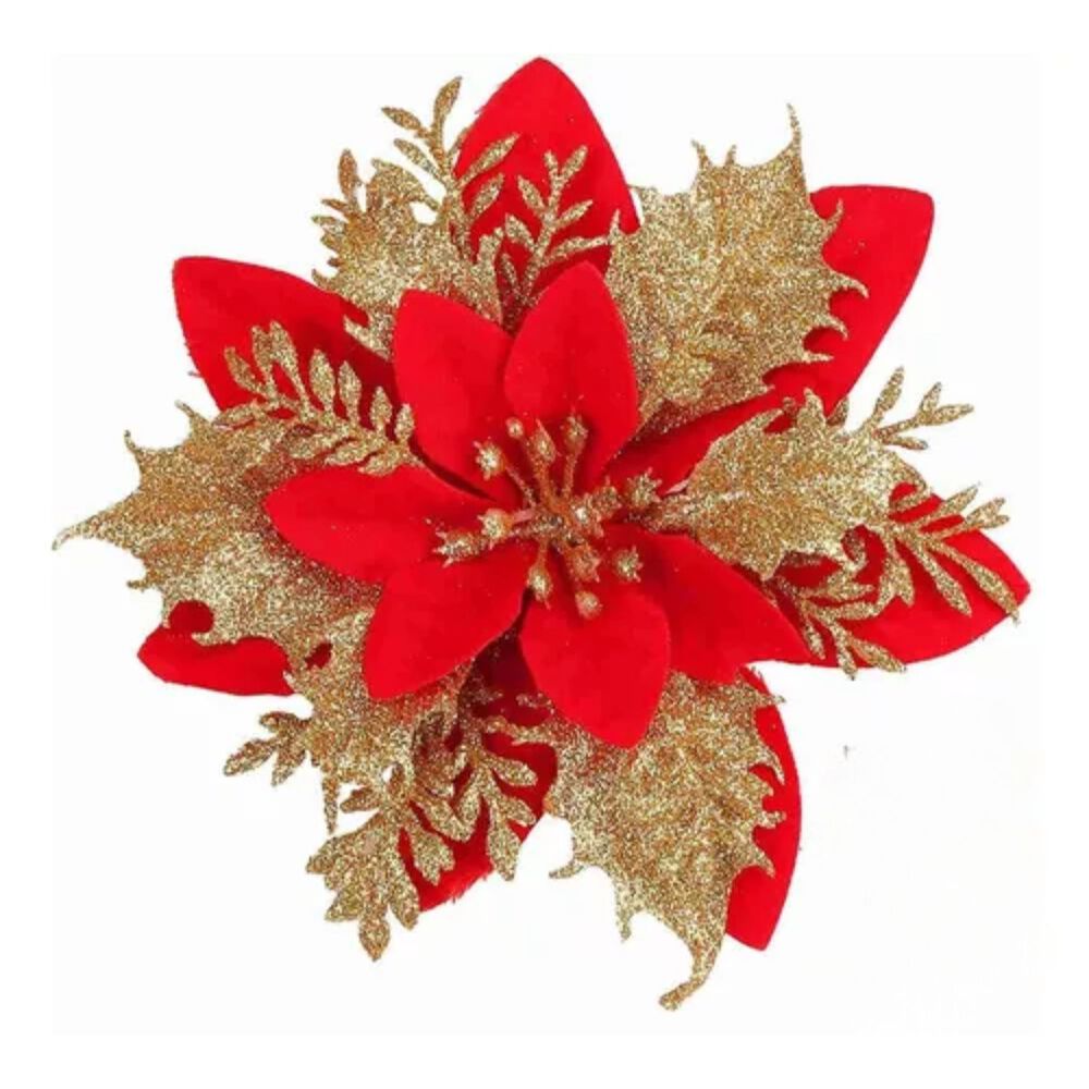 Set 24 Flores Decorativas Navide&ntilde;as Clips 14cm Rojo Dorado image number 1.0