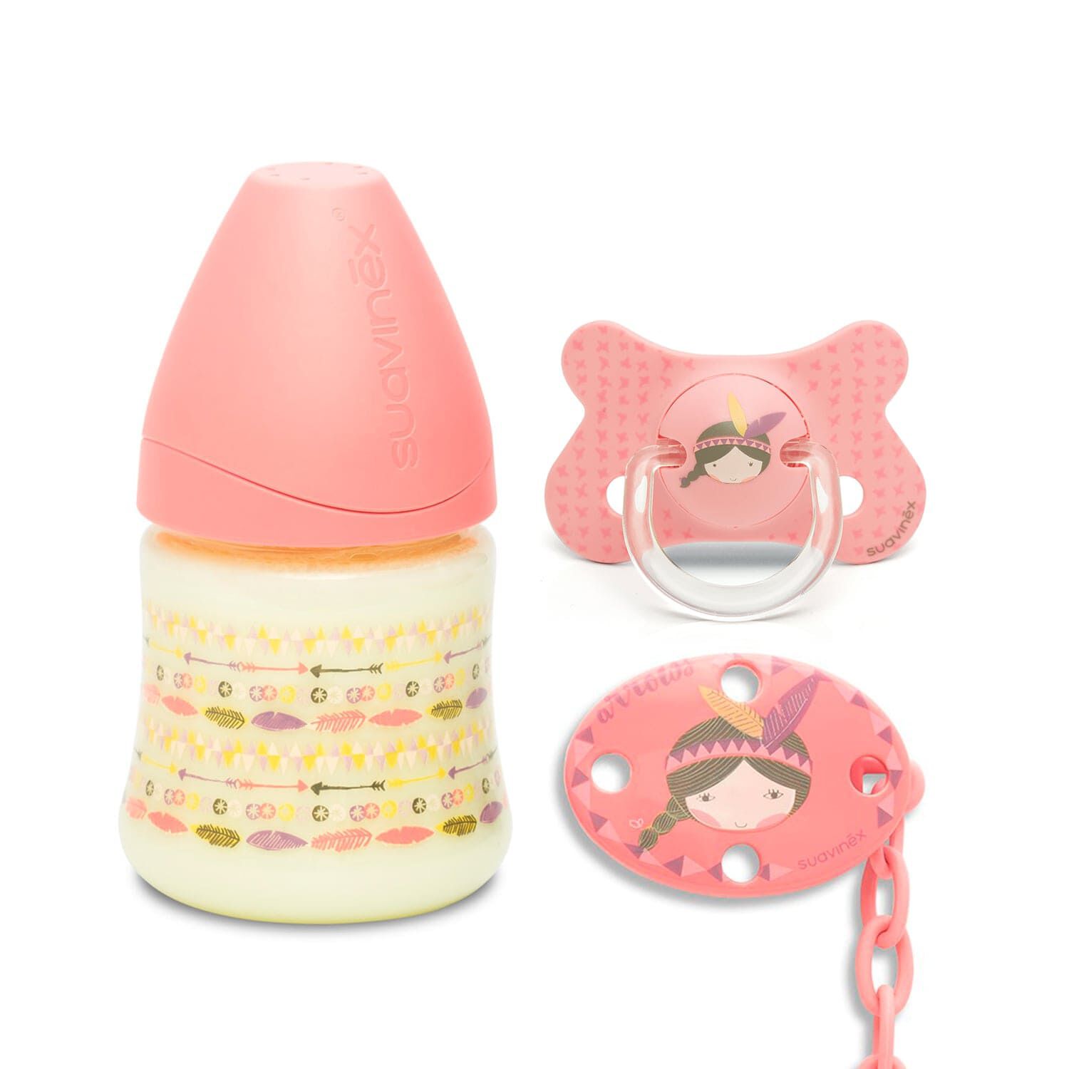 Pack Chupete +4-18m Indio Rosado + Broche Rosado + Mamadera 150 Ml Rosado image number 0.0