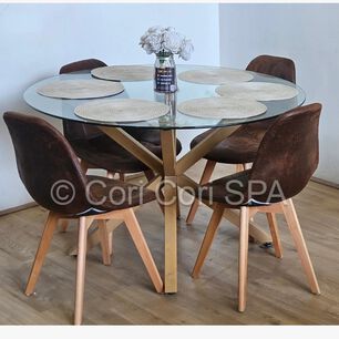 Comedor Warwick 100cm + 4 Sillas Capitonne Ecocuero Vintage Cafe