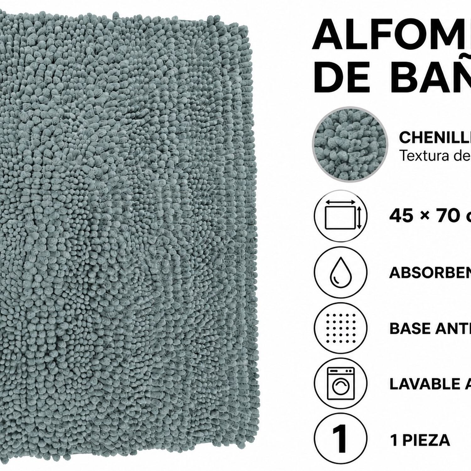 Alfombra De Ba&ntilde;o Gris Verdosa De Chenille 45 70 Cm Absorbente Y Antideslizante image number 4.0