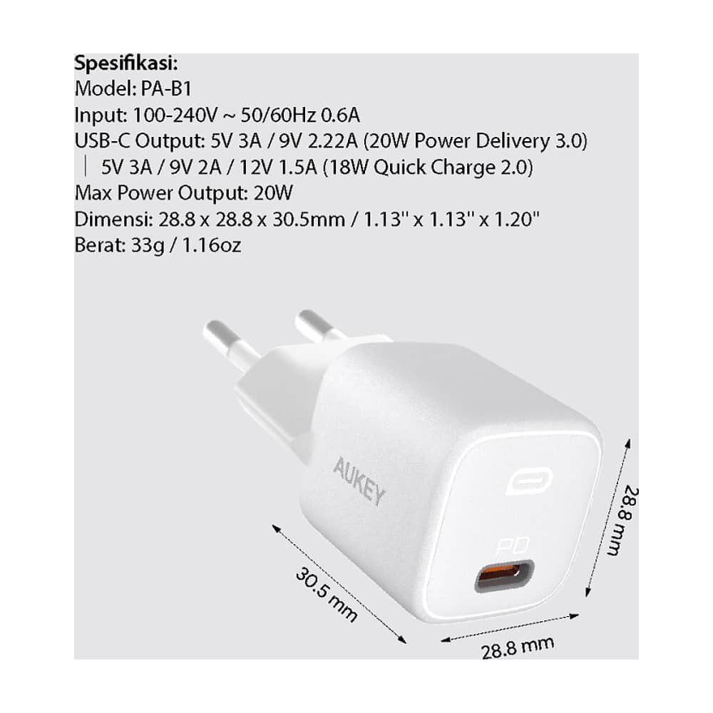 Aukey Cargador Cargador Omnia Mini 20w Usb-c Pd Blanco - Pa-b1 image number 3.0