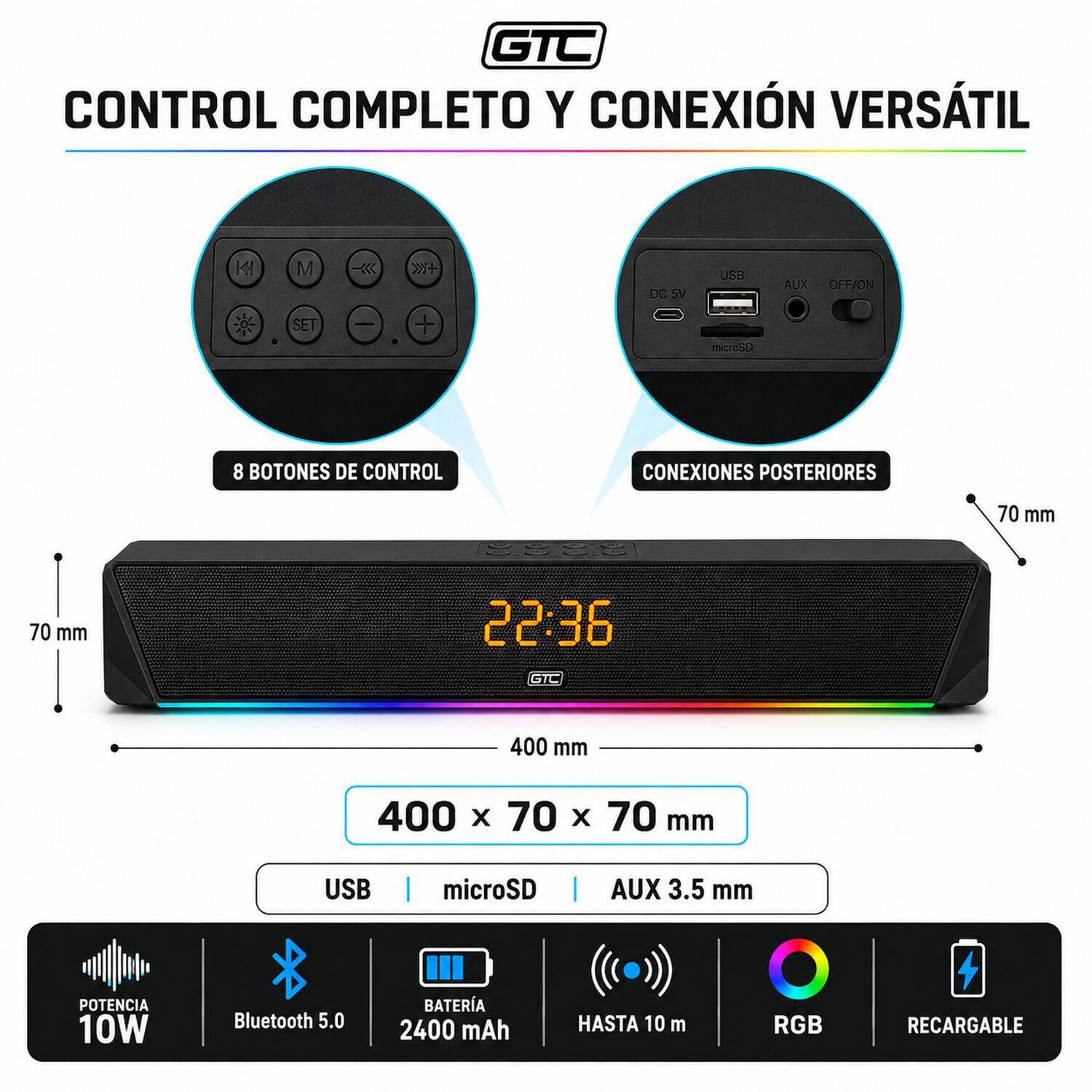 Barra De Sonido Inal&aacute;mbrica Bluetooth Rgb Recargable image number 6.0