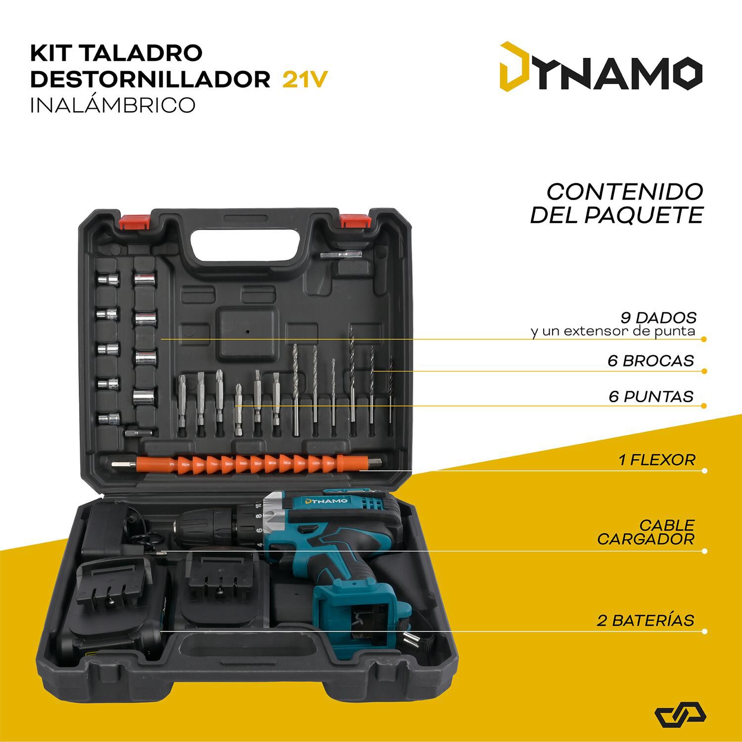Kit Taladro Destornillador Inal&aacute;mbrico Dynamo 21v 2 Bater&iacute;as image number 3.0