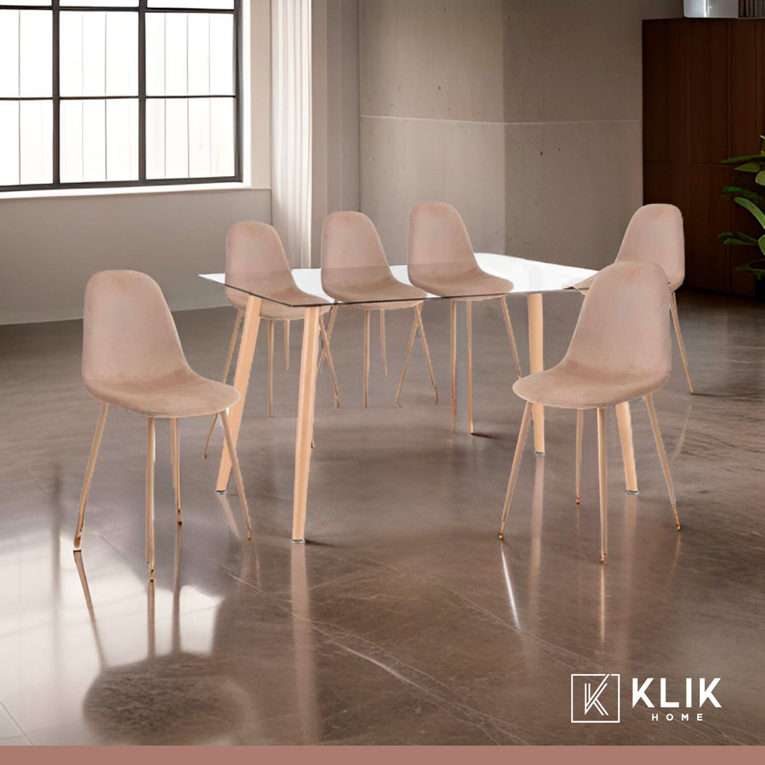 Comedor Mesa De Vidrio 120x80 + 6 Sillas Spoon Terciopelo Beige image number 1.0