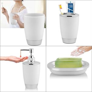 Set Accesorios Baño 4 Piezas Blanco Vaso Jabón Cepillos