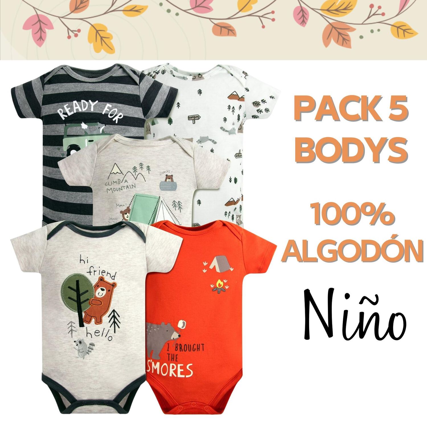 Pack 5 Bodys Ni&ntilde;o Manga Corta Tedmimak 100% Algod&oacute;n Oso Amistoso image number 4.0
