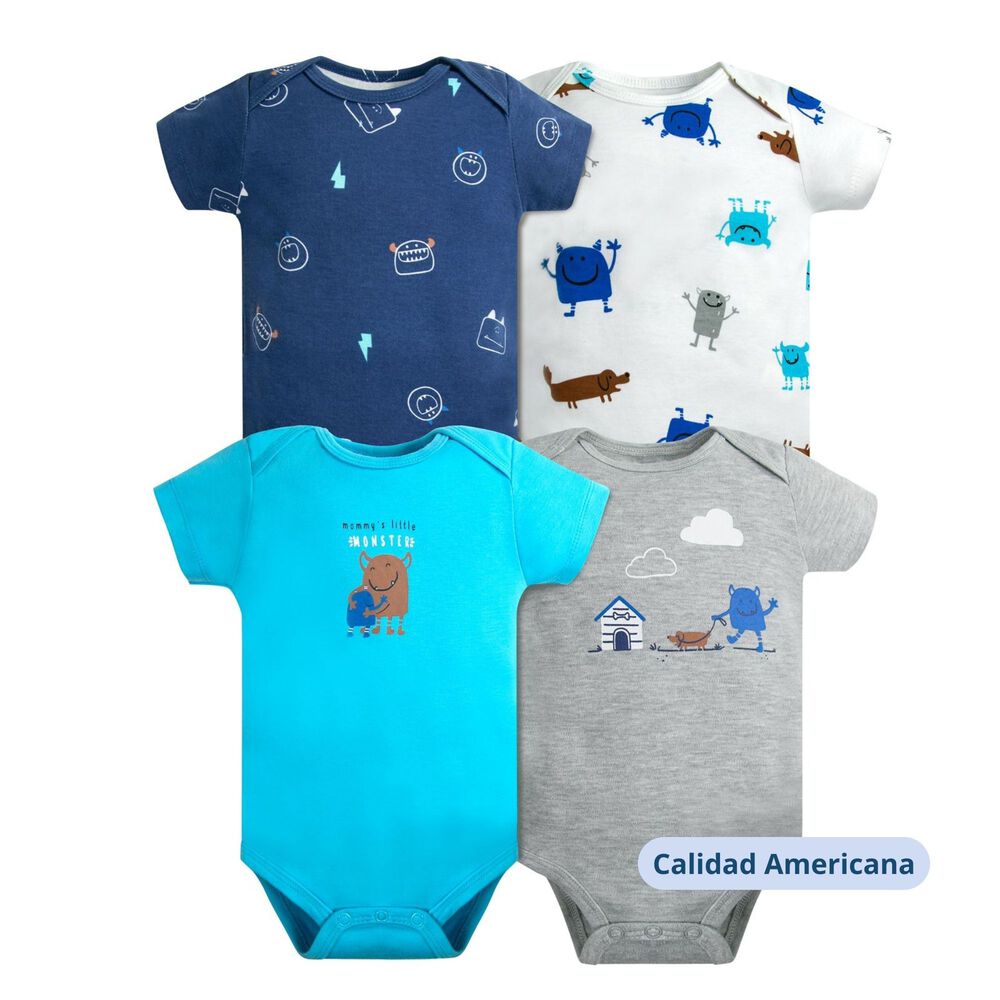 Pack 4 Bodys Ni&ntilde;o Manga Corta Tedmimak 100% Algod&oacute;n Blue Monster image number 3.0