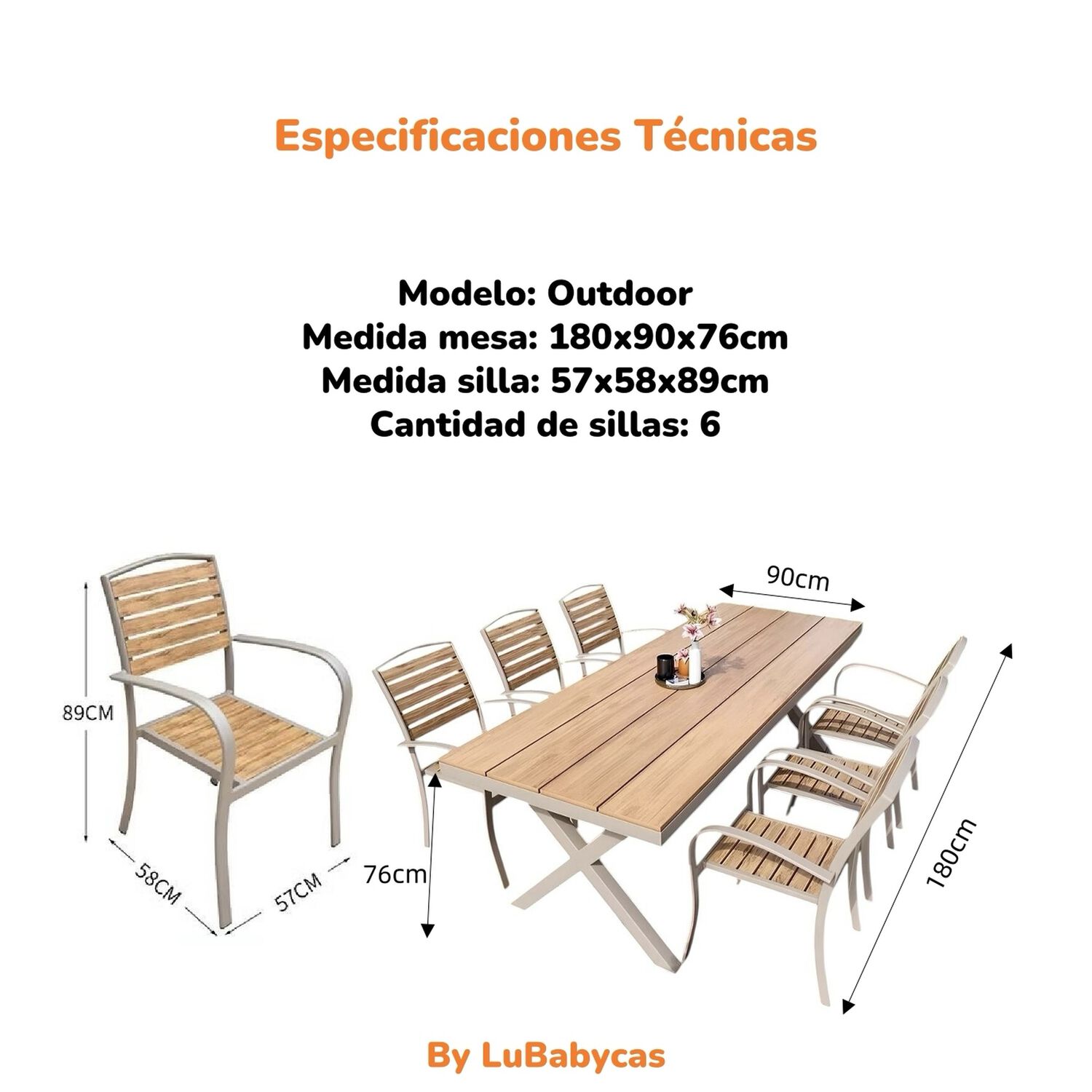 Juego De Comedor Exteriores 180cm Y 6 Sillas Impermeables image number 15.0