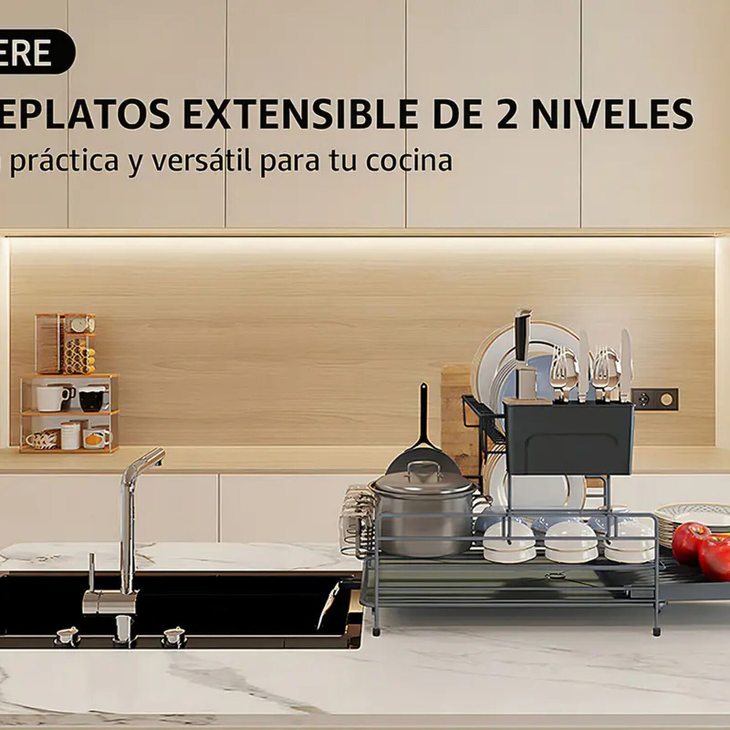 Secaplatos Escurridor De Acero Al Carbono Con Bandeja Extensible Y 2 Niveles Con Cubiertero Y Tabla image number 3.0