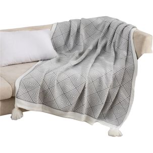 Manta Decorativa Diseño Rombos Medida 130x150cm Con Pompones Gris Mc1-3