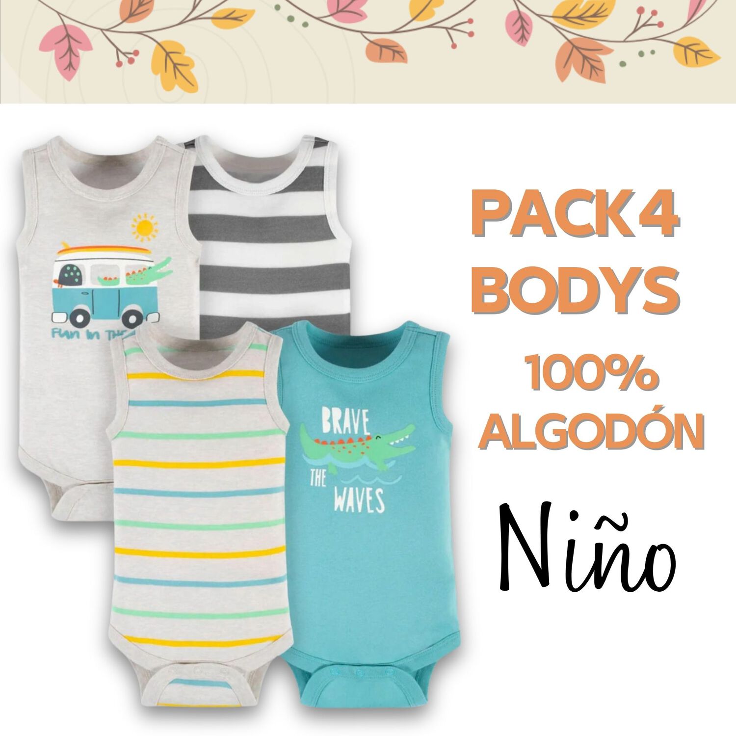 Pack 4 Bodys Ni&ntilde;o Sin Manga Corta Tedmimak 100% Algod&oacute;n Cocodrilo Animado image number 4.0
