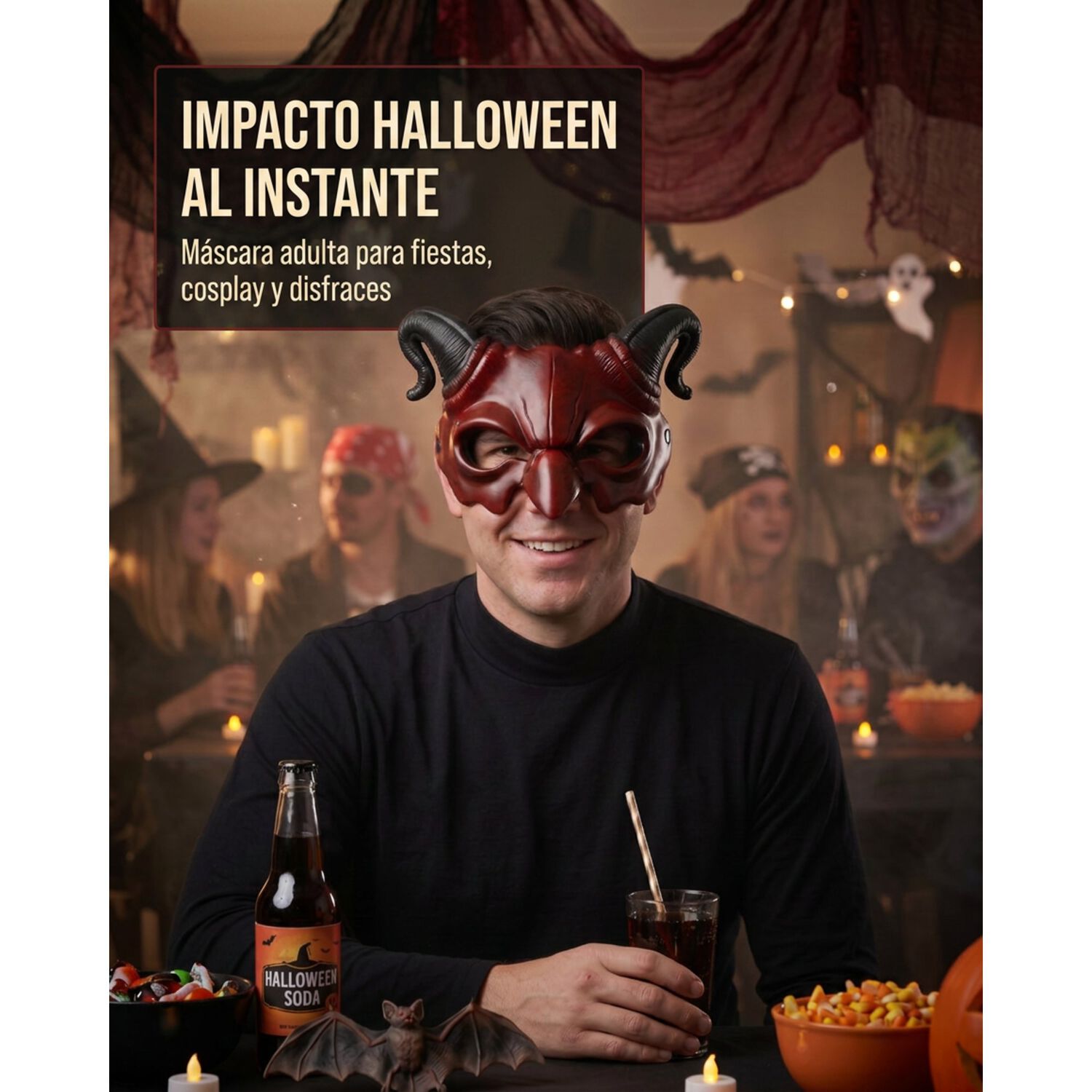 M&aacute;scara Diablo Adulto Lucifer Halloween Cuernos image number 7.0