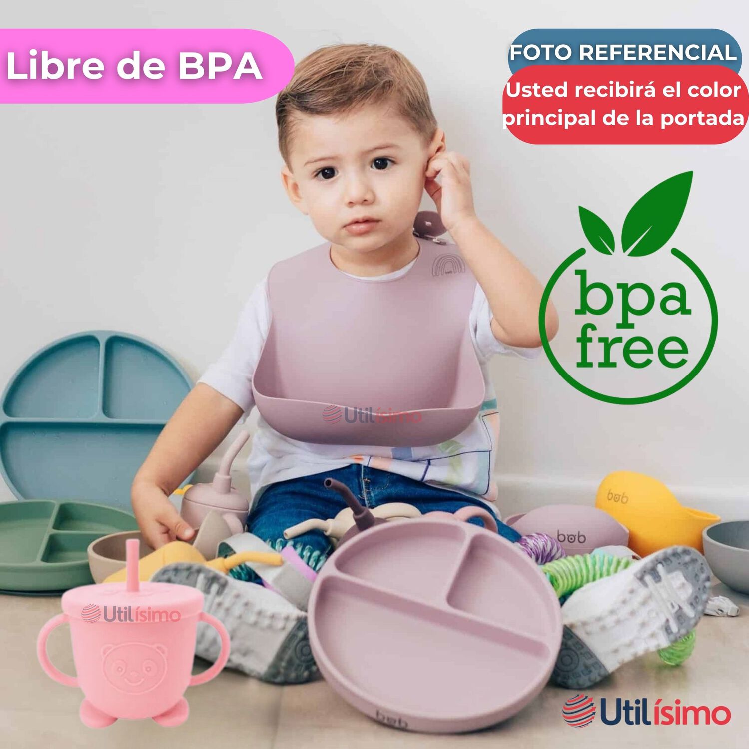 Set De Alimentaci&oacute;n Beb&eacute; Silicona Con Vaso 5 Piezas Libre Bpa Color Rosa Claro image number 2.0