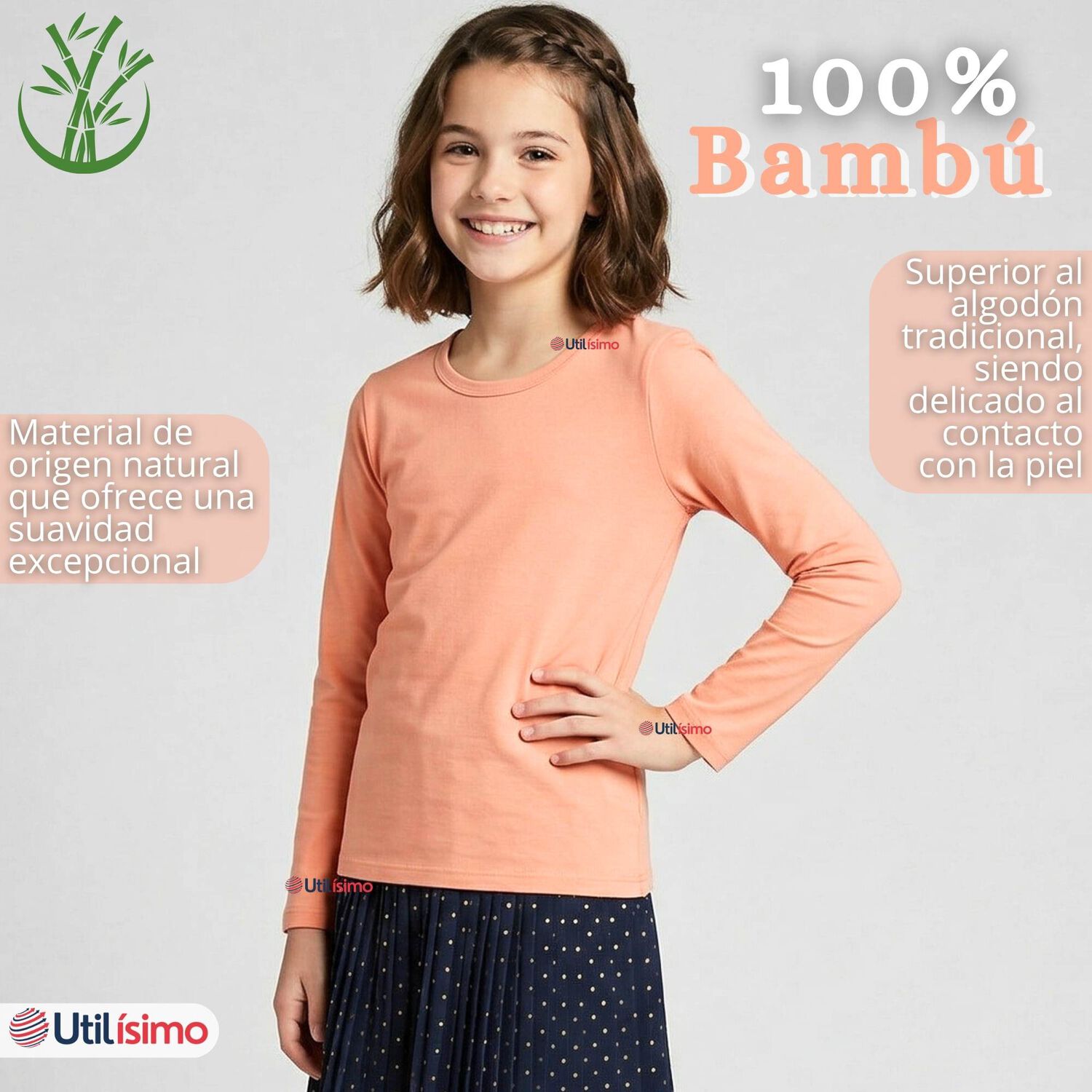 Camiseta Polera Bamb&uacute; Cuello Redondo Salm&oacute;n Primera Capa Manga Larga Ni&ntilde;a image number 3.0