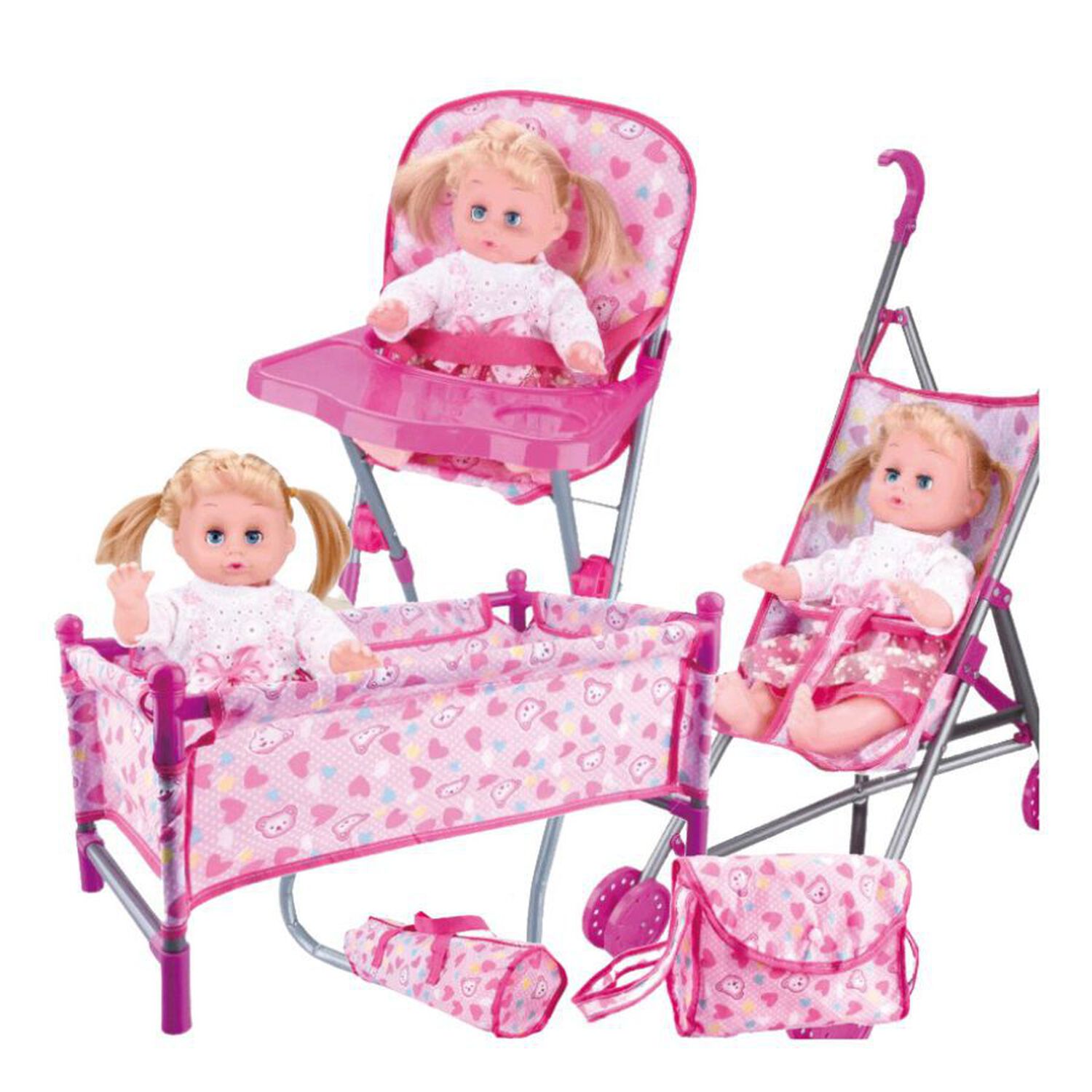 Set Juego Mu&ntilde;ecas 5 En 1 Cuna Coche Silla Comedor Y Bolso image number 0.0