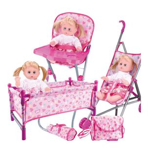 Set Juego Mu&ntilde;ecas 5 En 1 Cuna Coche Silla Comedor Y Bolso