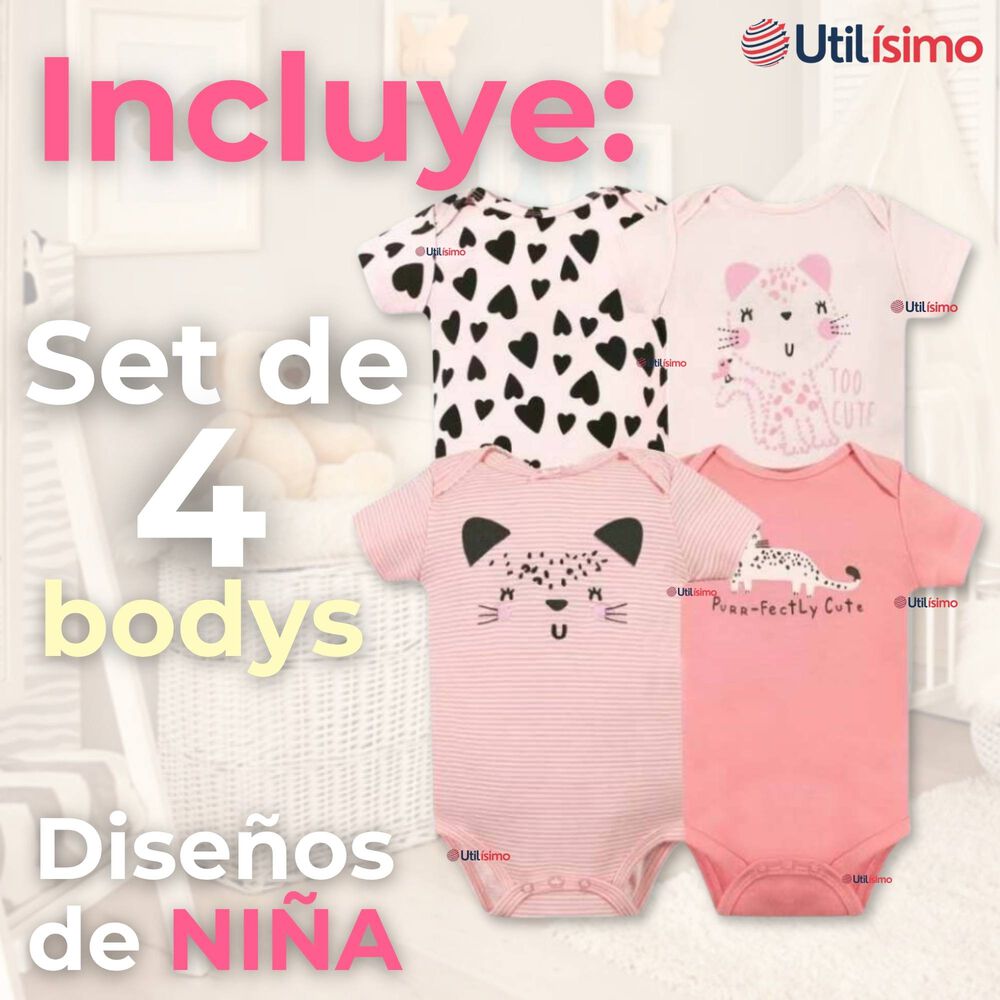 Pack 4 Bodys Niña Manga Corta Tedmimak 100% Algodón Cat Love image number 1.0