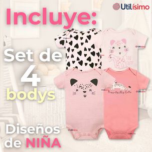 Pack 4 Bodys Niña Manga Corta Tedmimak 100% Algodón Cat Love Pack 4 Bodys Niña Manga Corta Tedmimak 100% Algodón Cat Love