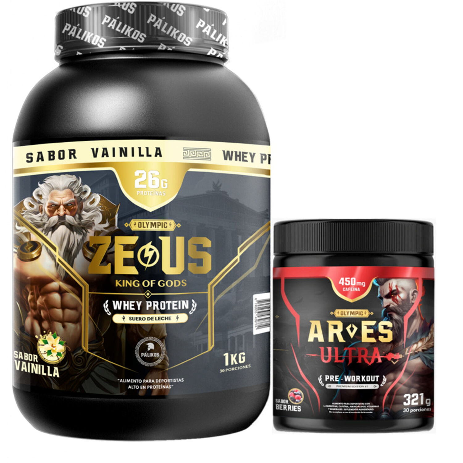 Proteina Zeus 1kg Vainilla + Ares Ultra 450 Mg Cafeina. image number 0.0
