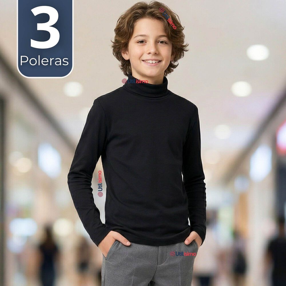 Pack 3 Poleras Camisetas Polar Negras Primera Capa Beatle Manga Larga Ni&ntilde;o image number 0.0