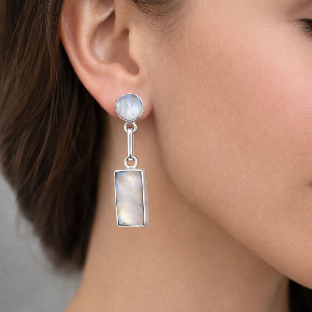 Aros N&aacute;car Rectangular Plata 950 Atornillados Colgantes Mujer Elegantes Piedra Blanca image number 2.0