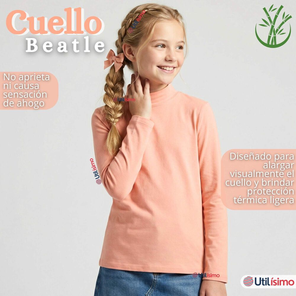 Polera Camiseta Bamb&uacute; Salm&oacute;n Cuello Beatle Primera Capa Manga Larga Ni&ntilde;a image number 7.0