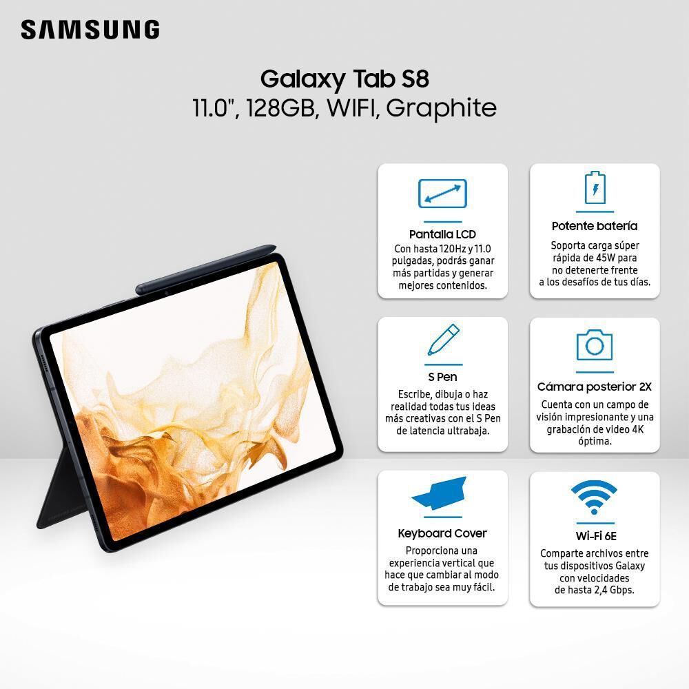 Tablet 11" Samsung Galaxy Tab S8 +  Keyboard Cover / 8 GB RAM /  128 GB image number 9.0