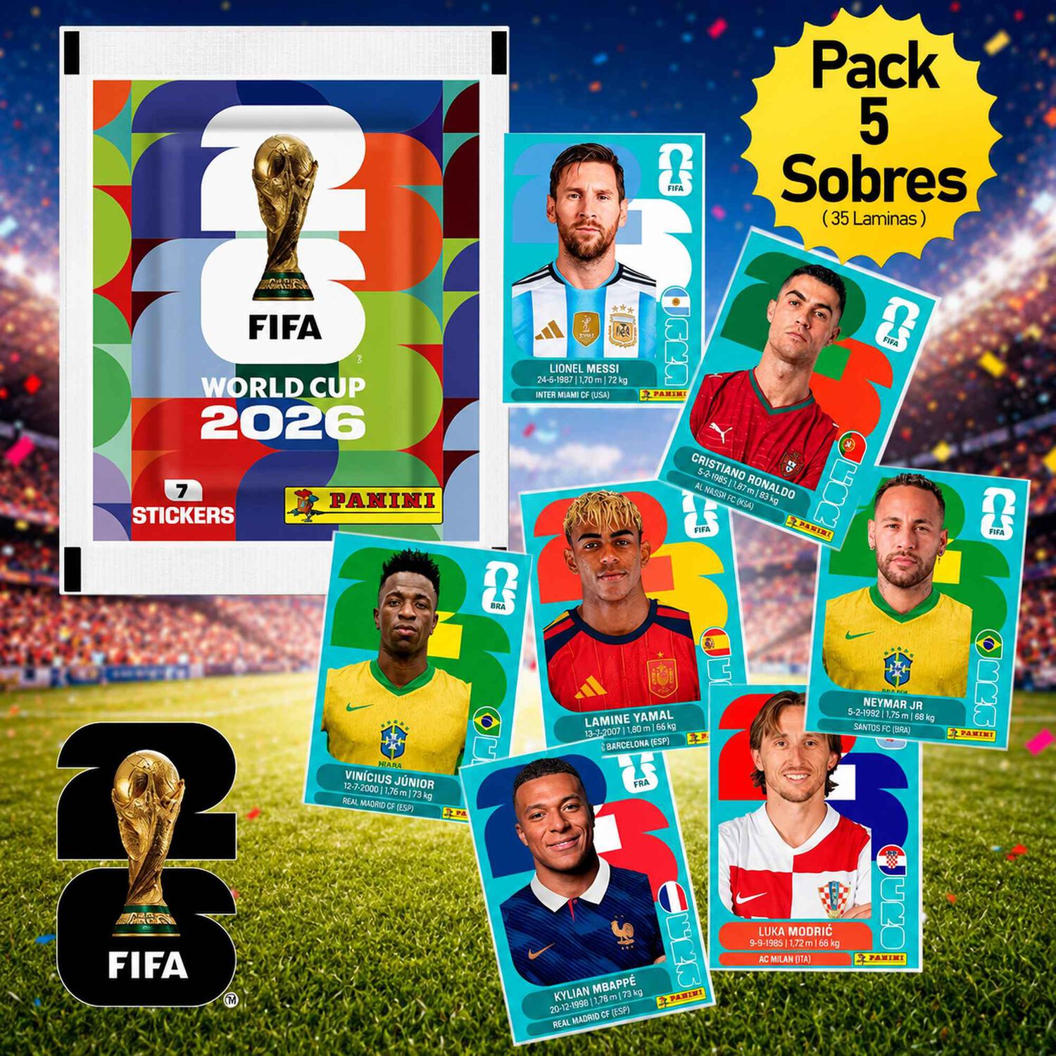 Pack 5 Sobres Mundial Fifa 2026 Panini Original 35 L&aacute;minas image number 0.0