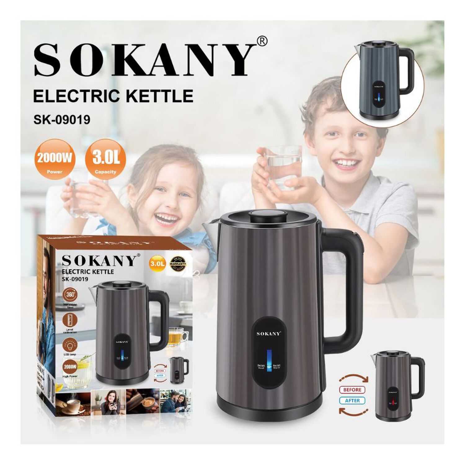 Hervidor El&eacute;ctrico Sokany 3l 2000w Acero Inoxidable image number 5.0
