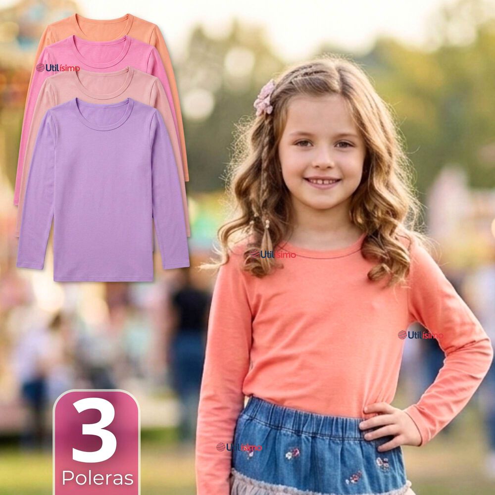 Pack 3 Camisetas Poleras Bamb&uacute; Cuello Redondo Primera Capa Manga Larga Colores Surtido Ni&ntilde;a image number 0.0