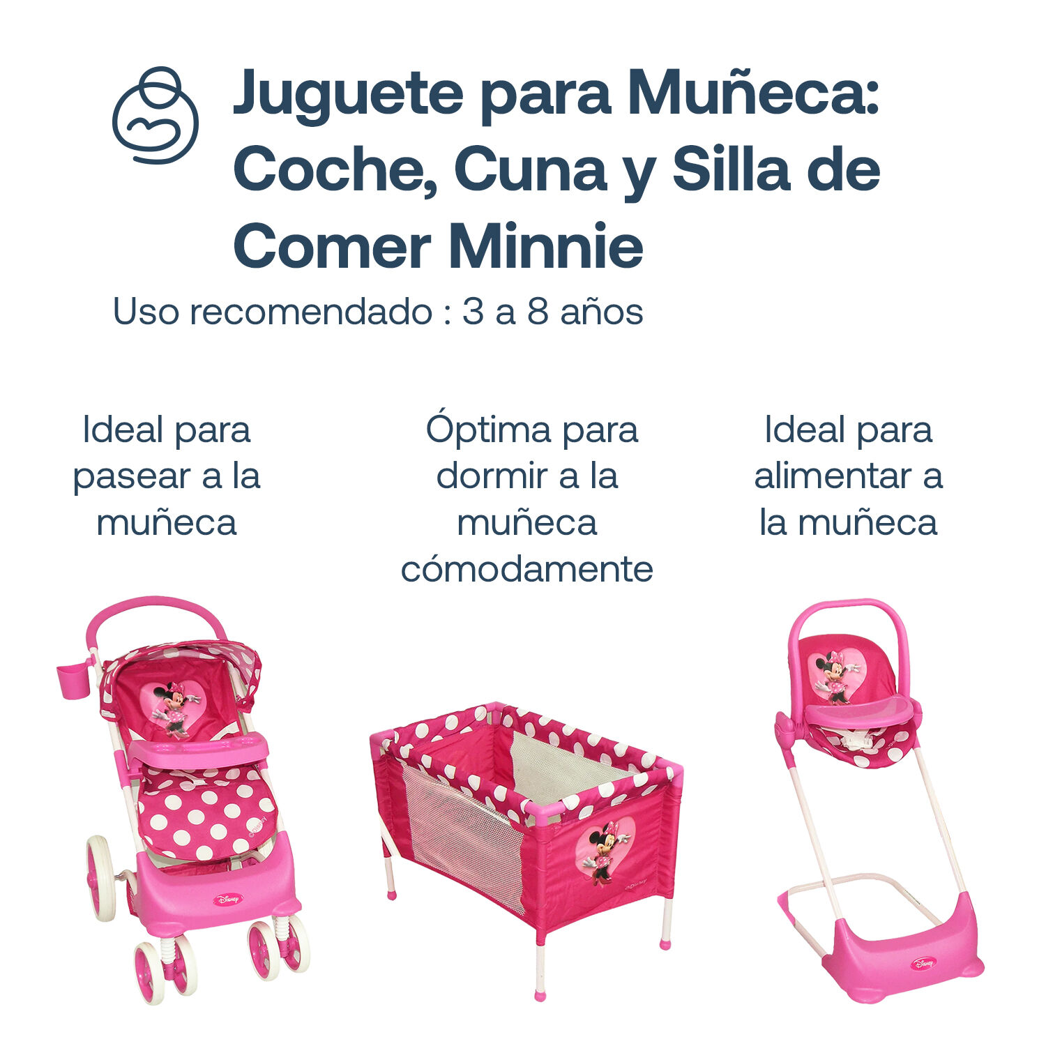 Juguete Para Mu&ntilde;eca Coche, Cuna Y Silla De Comer Minnie image number 3.0