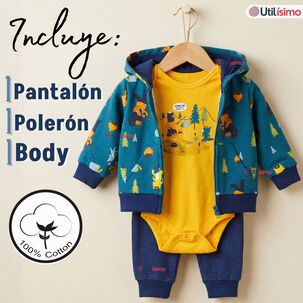 Conjunto 3 Piezas Buzo Pantal&oacute;n Poler&oacute;n Body De Algod&oacute;n Amarillo Osos Beb&eacute; Ni&ntilde;o