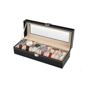 Caja Organizadora 6 Relojes Cuero Pu Negro Tapa Cristal Estuche