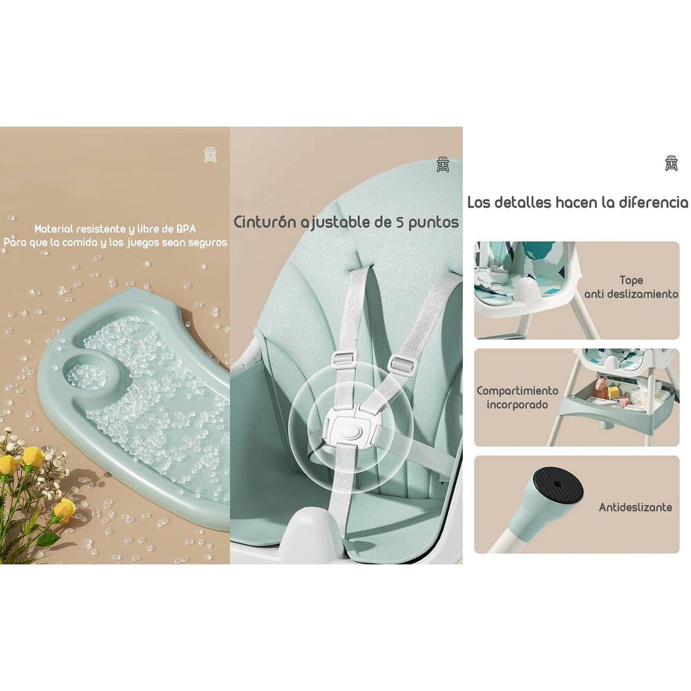 Silla De Comer Mecedora 2 En 1 Con Ruedas Verde Lubabycas image number 5.0