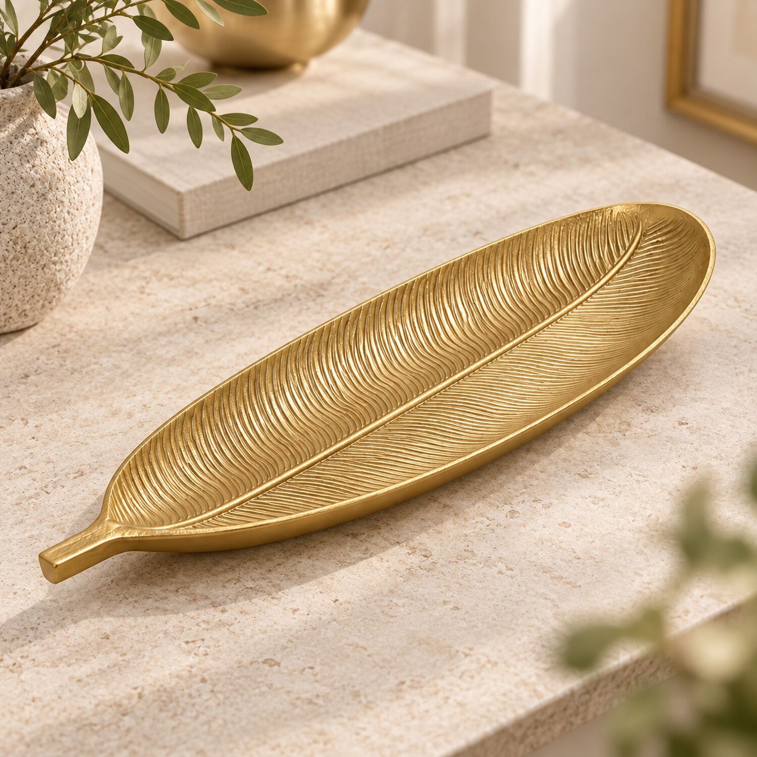 Bandeja Decorativa Forma De Hoja Estilo Moderno Organico 40 Cm Color Dorado image number 2.0