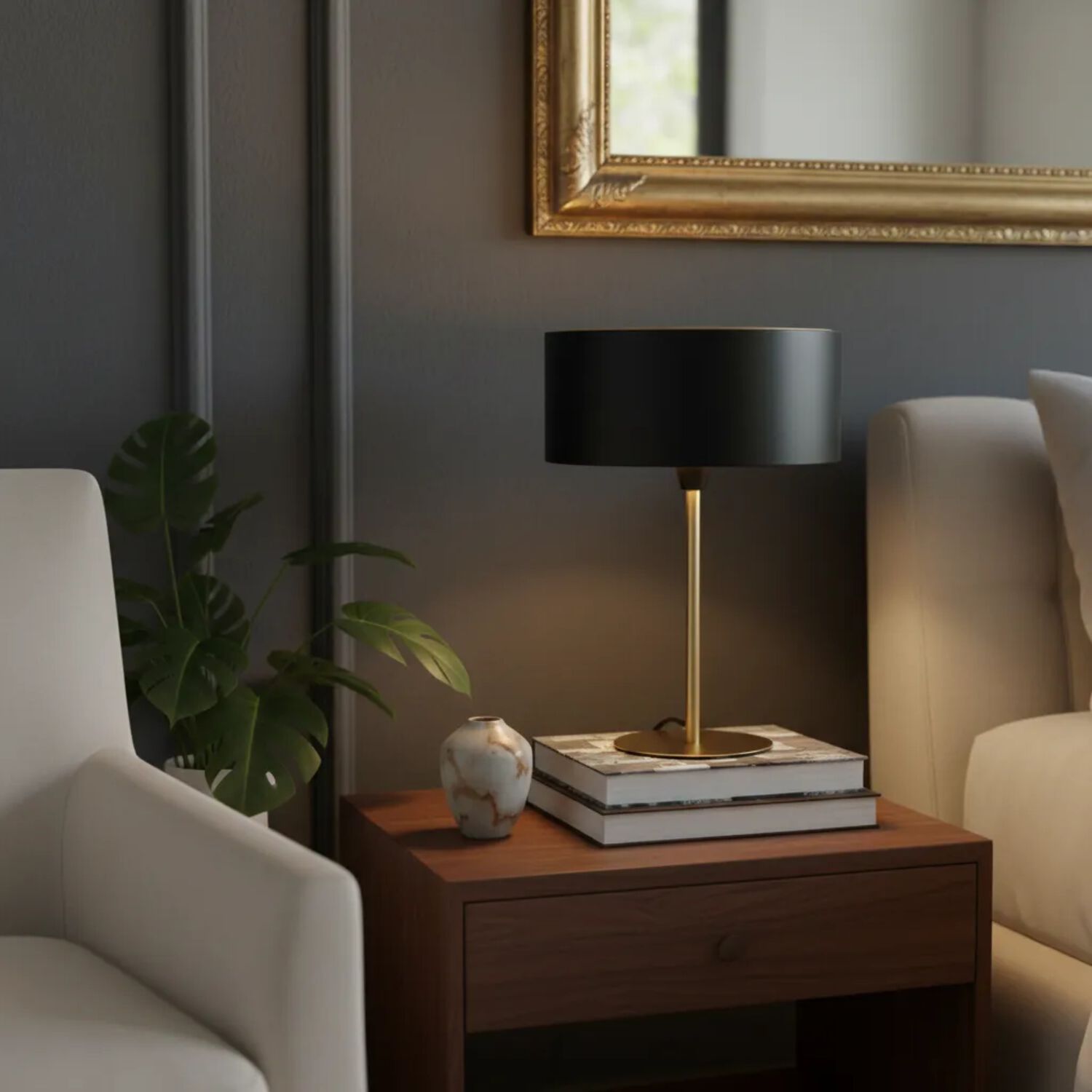 L&aacute;mpara De Mesa Decorativa Negra Y Dorada Con Detalle Tipo Ratan image number 2.0