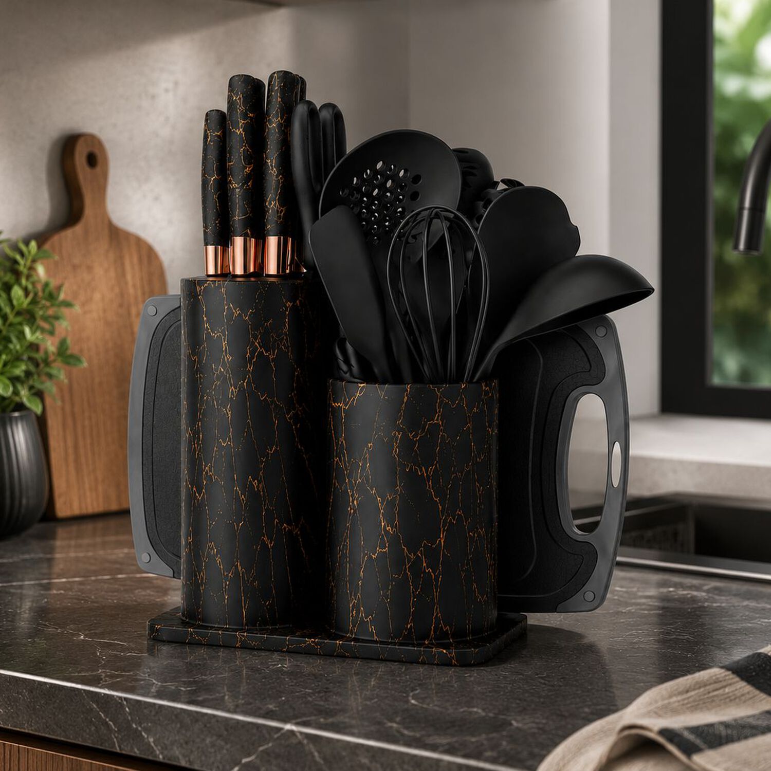 Set Utensilios De Cocina 25 Piezas Marmoleado Negro Dorado image number 0.0