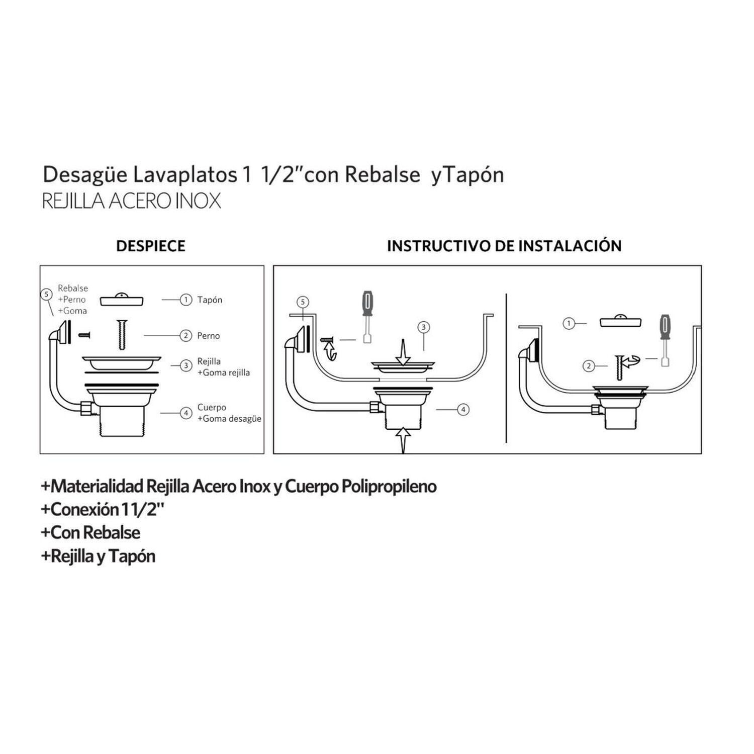 Desague Lavaplatos 1 1/2" Con Rebalse Y Tapon Blanco Marca Stretto image number 4.0