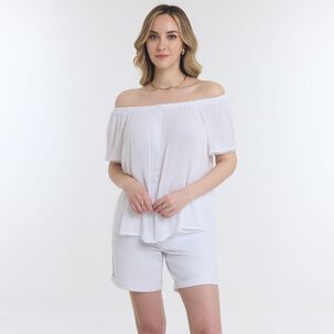 Blusa Lisa Abotonada Manga Corta Con Hombros Elásticados Bambula Mujer Geeps