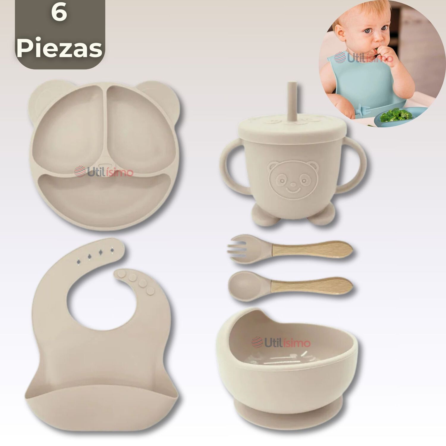 Set De Alimentaci&oacute;n Beb&eacute; Silicona De Oso 6 Piezas Libre Bpa Color Beige image number 0.0