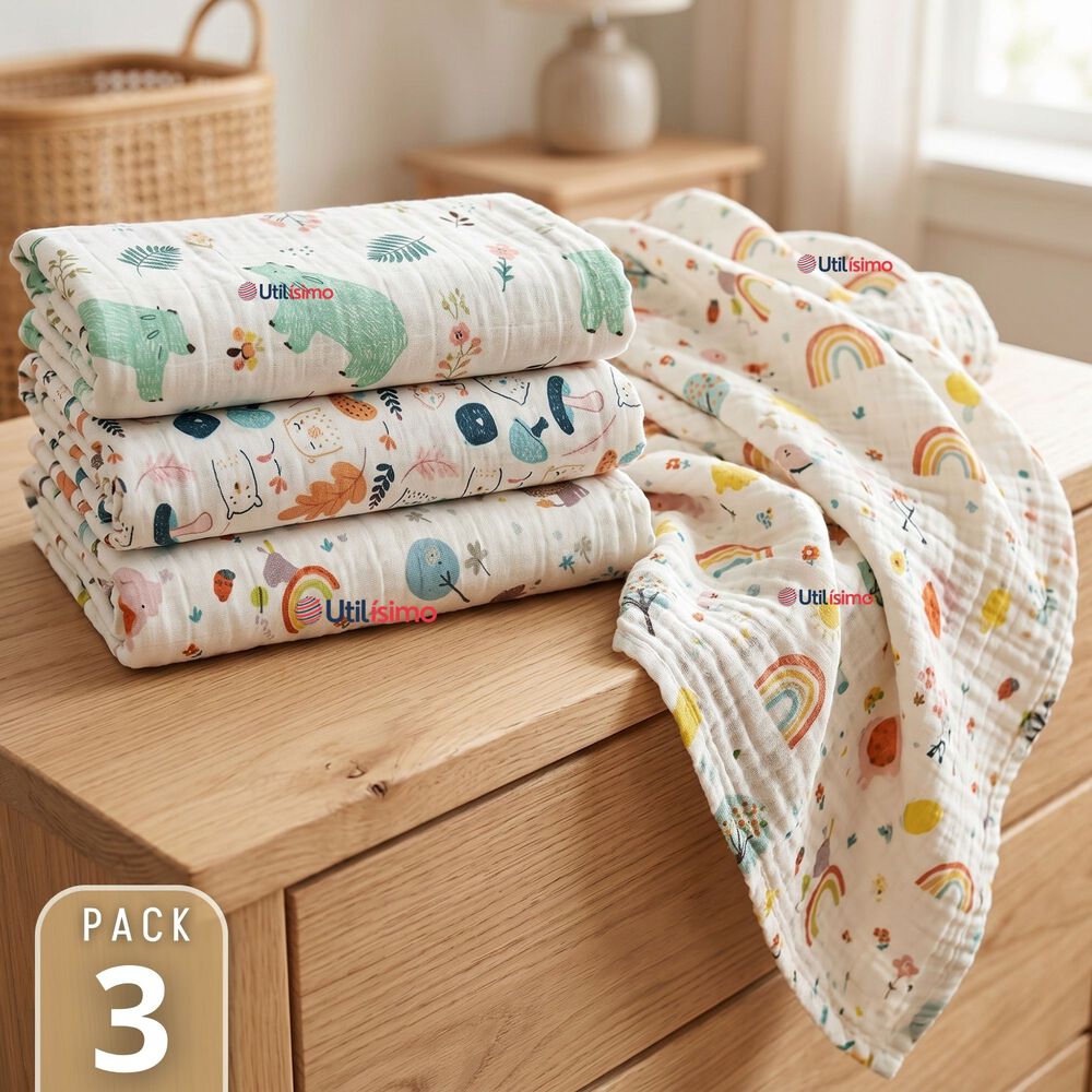 Pack 3 Mantas Muselina 70x 70 Cm Beb&eacute; Ni&ntilde;o Multiuso 100% Algod&oacute;n Colores Surtidos image number 0.0