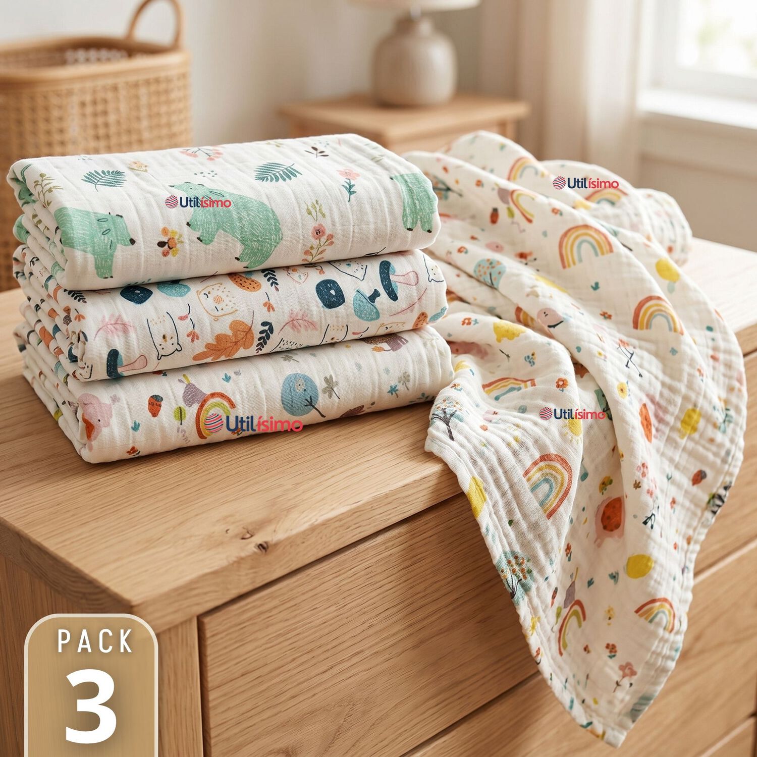 Pack 3 Mantas Muselina 70x 70 Cm Beb&eacute; Ni&ntilde;o Multiuso 100% Algod&oacute;n Colores Surtidos image number 0.0