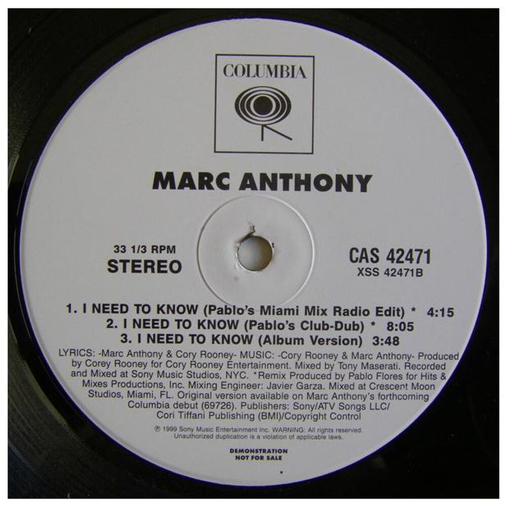 Marc Anthony - I Need To Know (promo) | 12" Maxi Single Usado image number 0.0