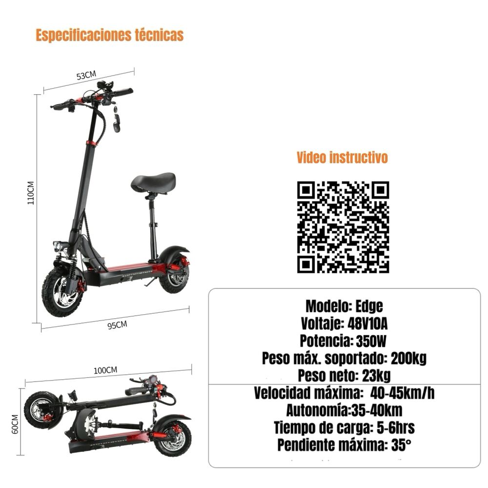 Scooter Adulto El&eacute;ctrico 40km 48v 350w Edge Negro image number 1.0