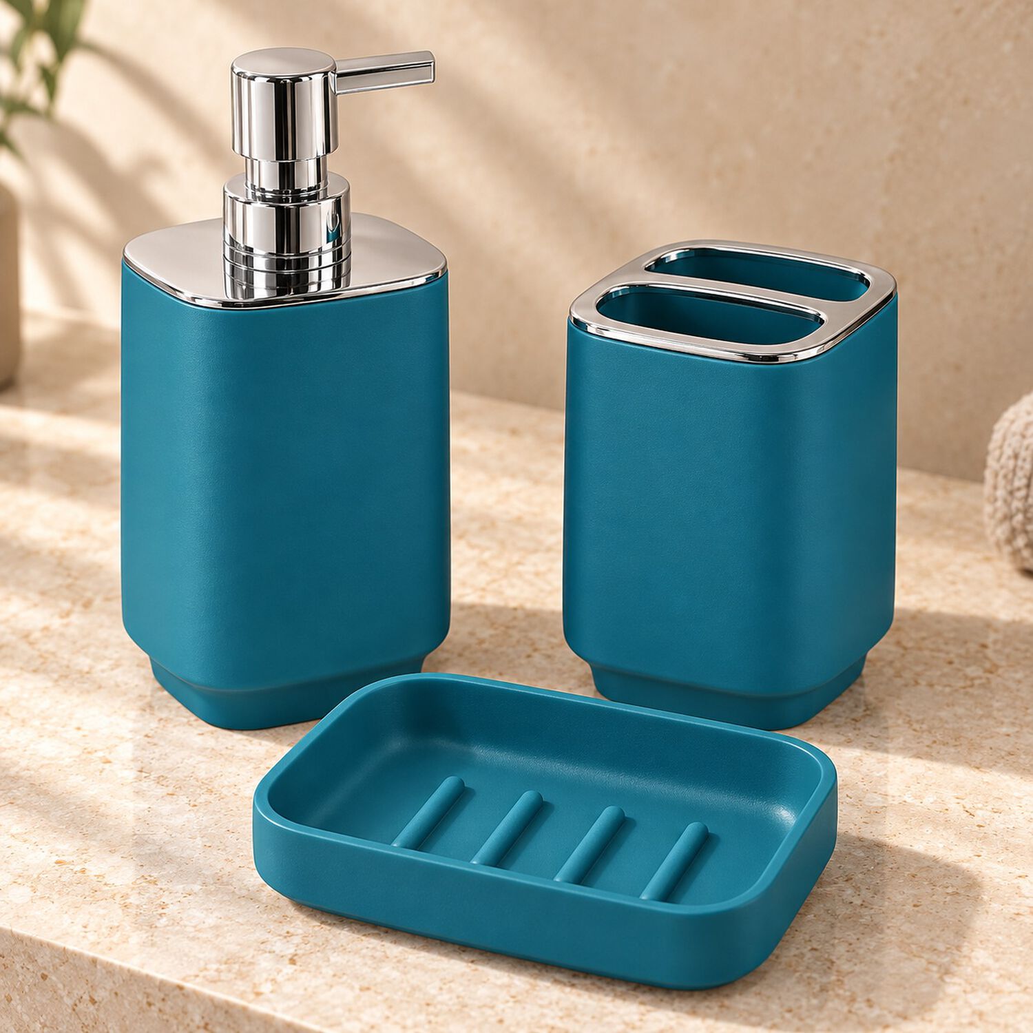 Set De Ba&ntilde;o Completo 6 Piezas De Abs Con Basurero Dispensador Y Escobilla Color Turquesa image number 4.0
