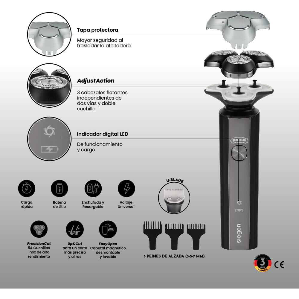 Máquina De Afeitar Siegen SG-7215 2 en 1 Uso Húmedo/Seco y Carga Rápida image number 6.0